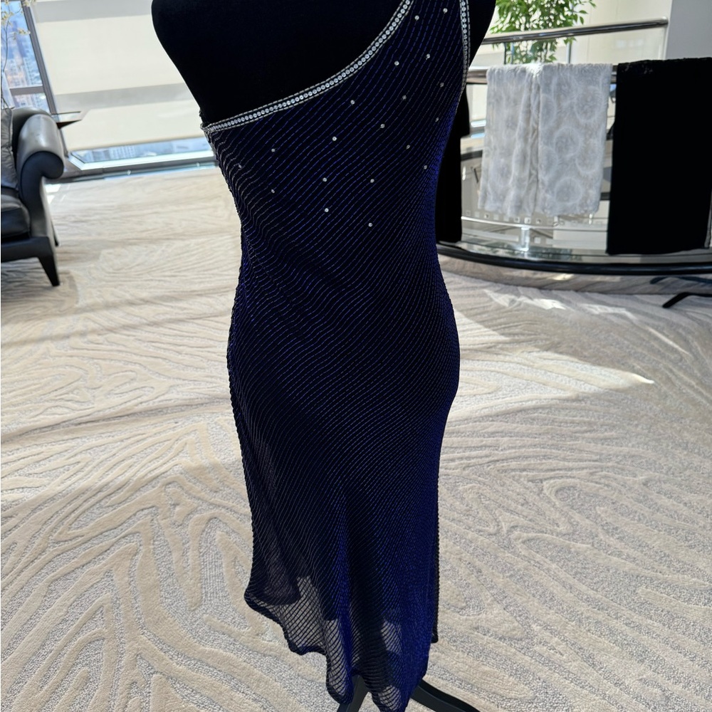 Vintage Tracy Mills One-Shoulder Dress in Deep Blue & Silver Hand Beaded - Picture 3 of 5